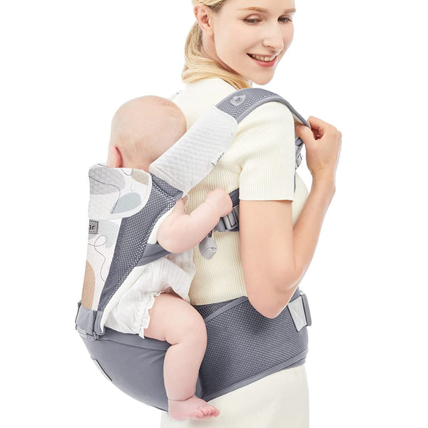Bebamour Baby Carrier Newborn to Toddler Baby Carrier Hipseat 0-36Months with Head Hood, 3 PCS Teething Pads, Waist Extender, Grey