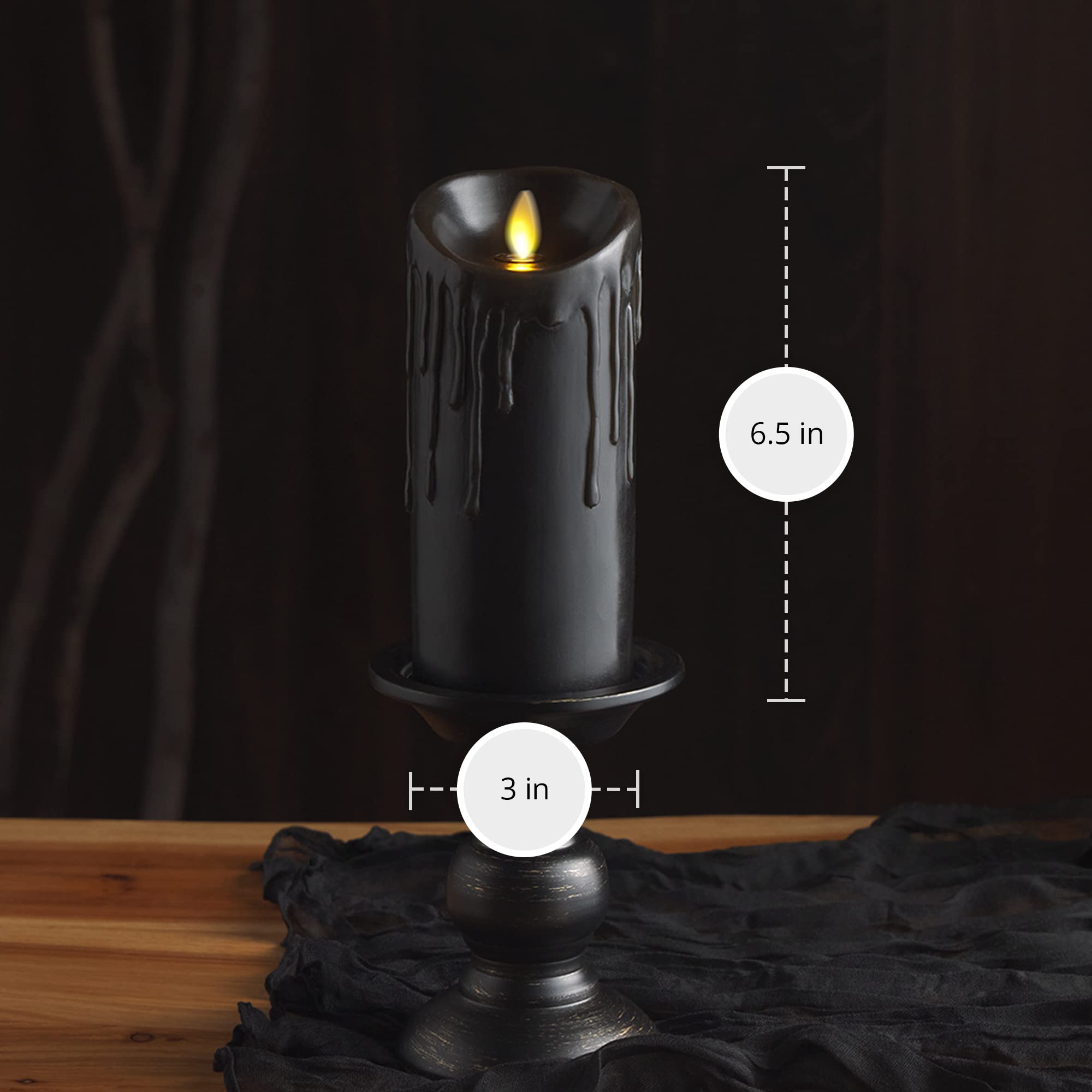 Luminara Black Wax Drip Flameless Candle LED Battery Operated Moving Flame Lights Pillar Unscented Real Wax with Dripped Edge, Timer (3 x 6.5 inch)