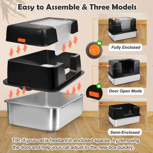 Vivifying Enclosed Stainless Steel Cat Litter Box with Lid, High-Sided, Removable and Metal Leak-Proof Stainless Steel Cat Litter Tray with Scoop, Steps and Mat (Black)