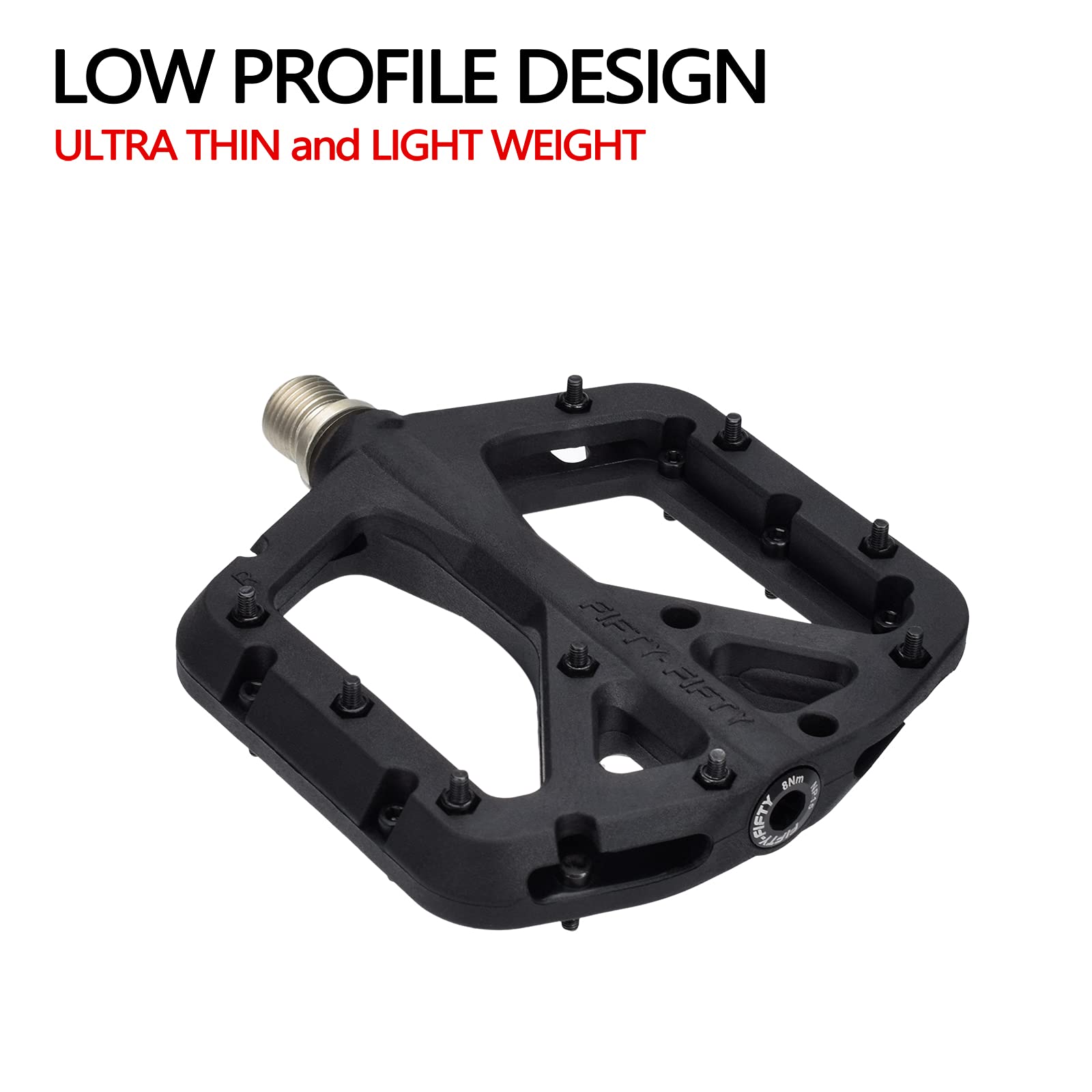 FIFTY-FIFTY Mountain Bike Pedals, Non-Slip MTB Nylon Composite, 9/16" Bicycle Pedals, Lightweight and Wide Flat Platform (Black)