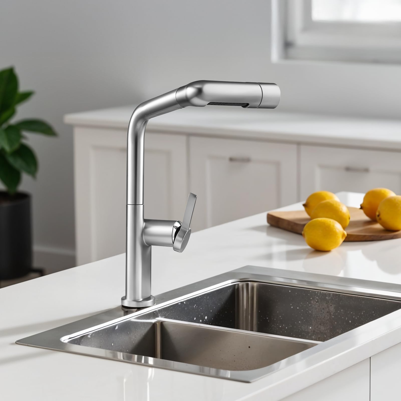 Warmiehomy 5 Modes Kitchen Taps Mixer with Pull Out Spray,High Arc 360° Swivel Dual Spout Pull Down Stainless Steel Kitchen Sink Taps,Brushed Nickel