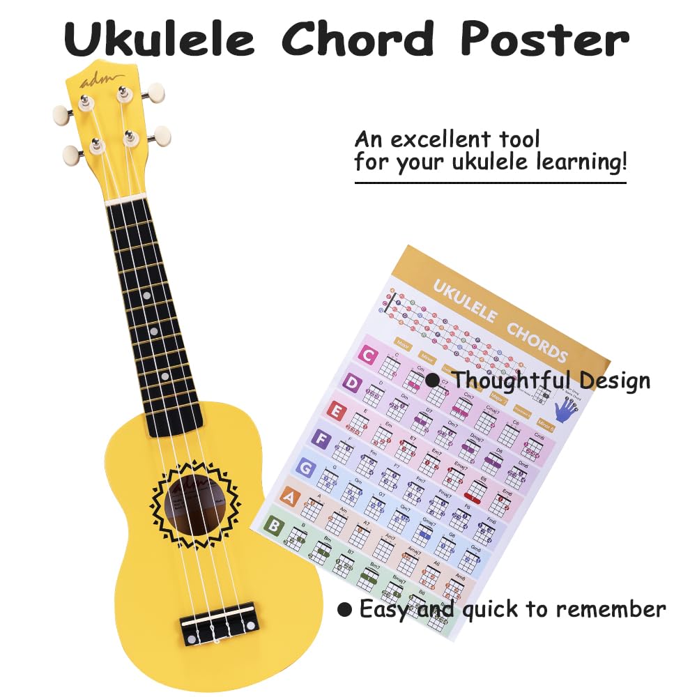 ADM Soprano Ukulele Set for Kids and Beginners, Ukulele Starter Kit with Bag, Clip-On Tuner, Rainbow Strings, Colourful Strap, Plectrum, Fingerboard Sticker, Chord Card (Dark Blue)
