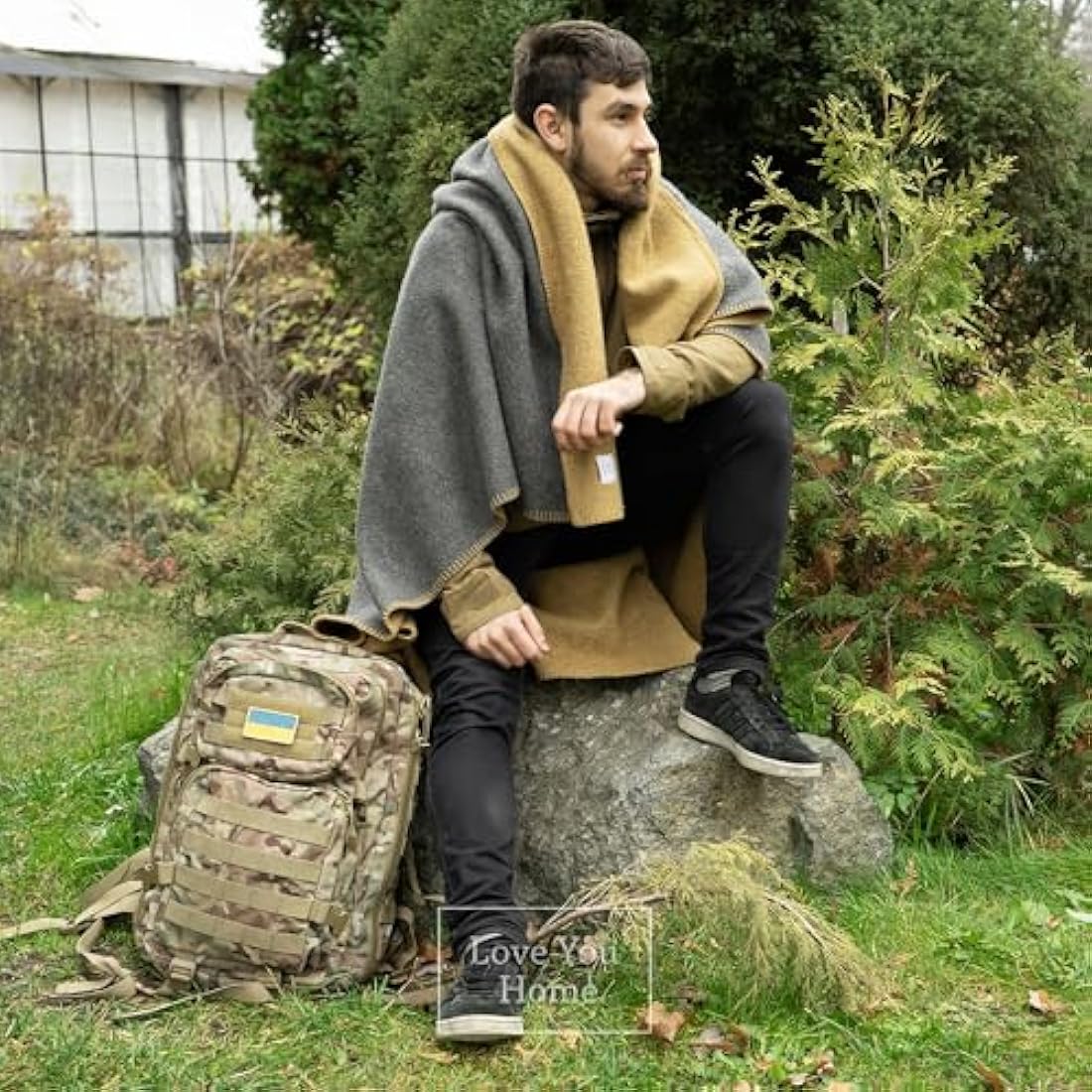 LYHome Travel Blanket - Extra Warm Picnic Throw, Bed Camping Outdoor Wool Blankets, Cozy Soft Throws, Military Army and Garden Outside Use (51x67 in | 130x170 cm | Mustard - Gray Double-sided)