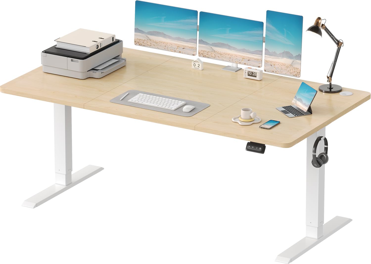 Devoko Electric Standing Desk 120x60cm Sit Stand Table Height Adjustable with Backpack Hook and Memory Smart Pannel, Home Office, White