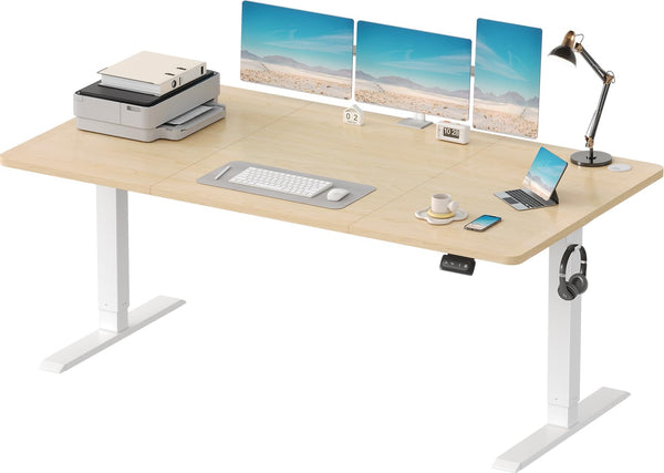 Devoko Electric Standing Desk 120x60cm Sit Stand Table Height Adjustable with Backpack Hook and Memory Smart Pannel, Home Office, White
