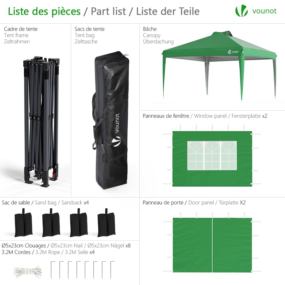 VOUNOT® 3m x 3m Pop Up Heavy Duty Gazebo with Sides, Central Lock System & 4 Weight Bags & Carry Bag, Marquee Garden Party Tent Outdoor, Green