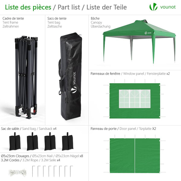 VOUNOT® 3m x 3m Pop Up Heavy Duty Gazebo with Sides, Central Lock System & 4 Weight Bags & Carry Bag, Marquee Garden Party Tent Outdoor, Green