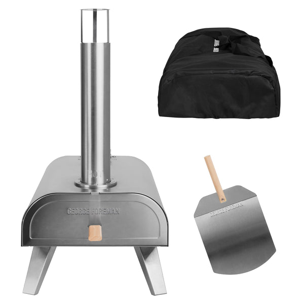 George Foreman Outdoor 12 Inch Wood Pellet Portable Wood Fired Pizza Oven Stainless Steel with Paddle and Carry Bag, BBQ Oven & Smoker, Foldable Legs GFWPPO1SSPC
