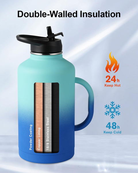 Insulated Water Bottle 2L, Trebo Stainless Steel Water Bottle Large Metal Bottle with Handle Wide Mouth Double Wall Sports Bottle Keep Cold Water