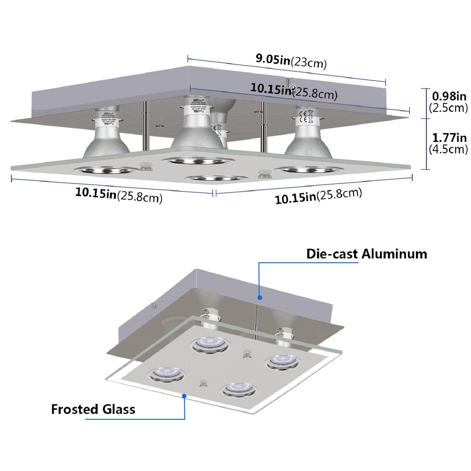 Allesgute Modern 4 Way Flush Ceiling Light for Living Room Square Kitchen Lights Fitting with GU10 Spot Light Bulbs Cool White Included