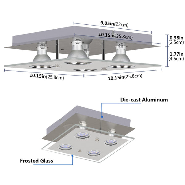 Allesgute Modern 4 Way Flush Ceiling Light for Living Room Square Kitchen Lights Fitting with GU10 Spot Light Bulbs Cool White Included