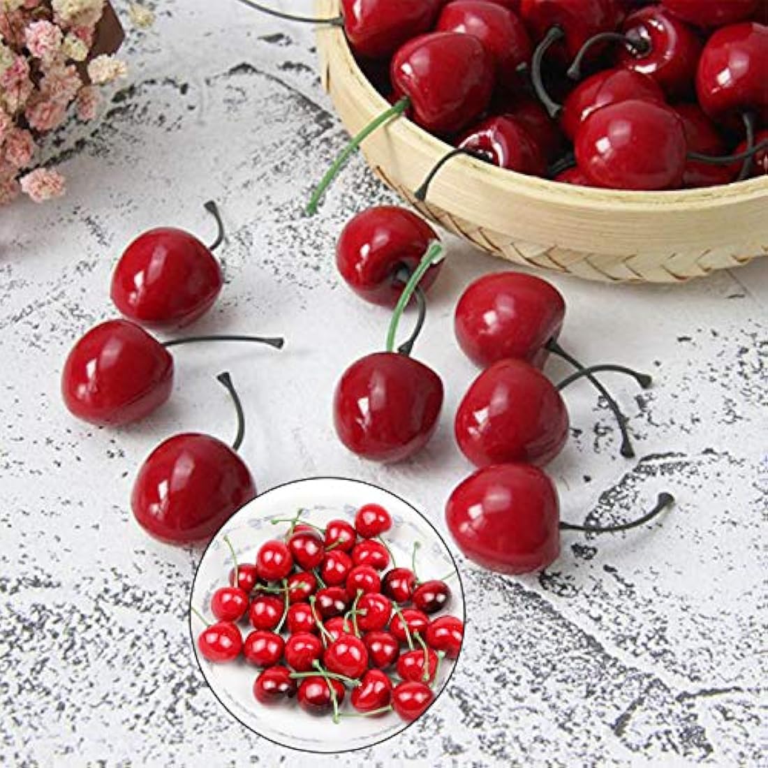 50 Pcs Fake Cherry Artificial Fruits Model Fruit Vase Filler Food Toy Fruit Model Photography for Christmas Party & Room Decoration