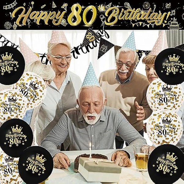 14 Pieces 80th Happy Birthday Decorations Kit, Birthday Party Decoration Including Party Supplies Birthday Straps 9ft Banner Triangle Flags Confetti Latex Balloons