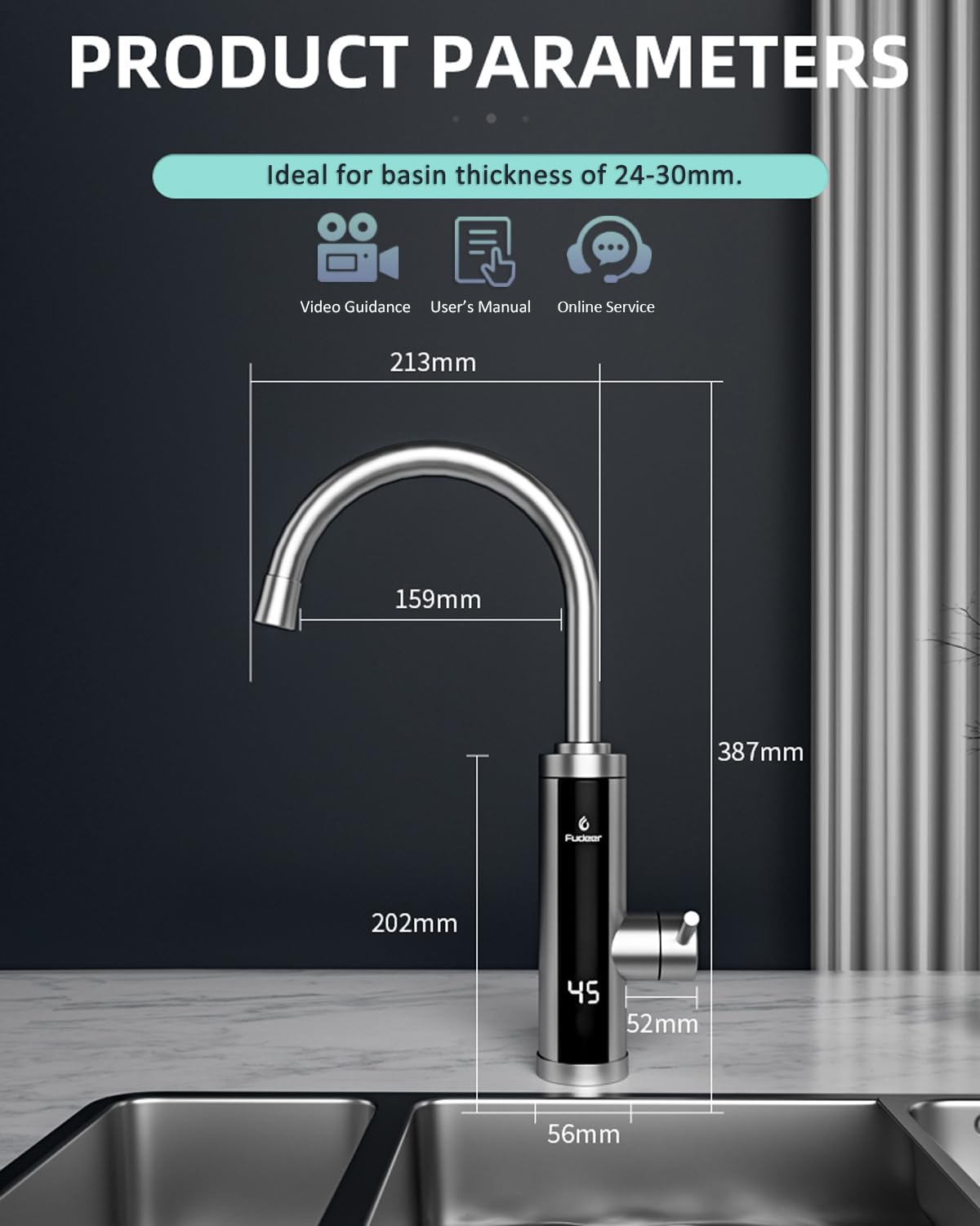 Electric Hot Water Tap for Bathroom, Instant Hot Water Heated Tap for Kitchen, Stainless Steel Water Heater Tap Supply Hot and Cold Water Faucet with Digital Display (Mechanical Spout)