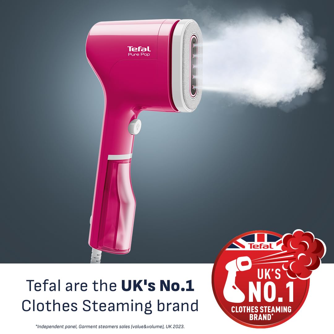 Tefal Pure Pop Slim Handheld Clothes Steamer, No Ironing Board Needed, Ready to Use in 15 Seconds, 70ml Detachable Water Tank, Travel Iron, Garment Steamer, Pink, DT2023