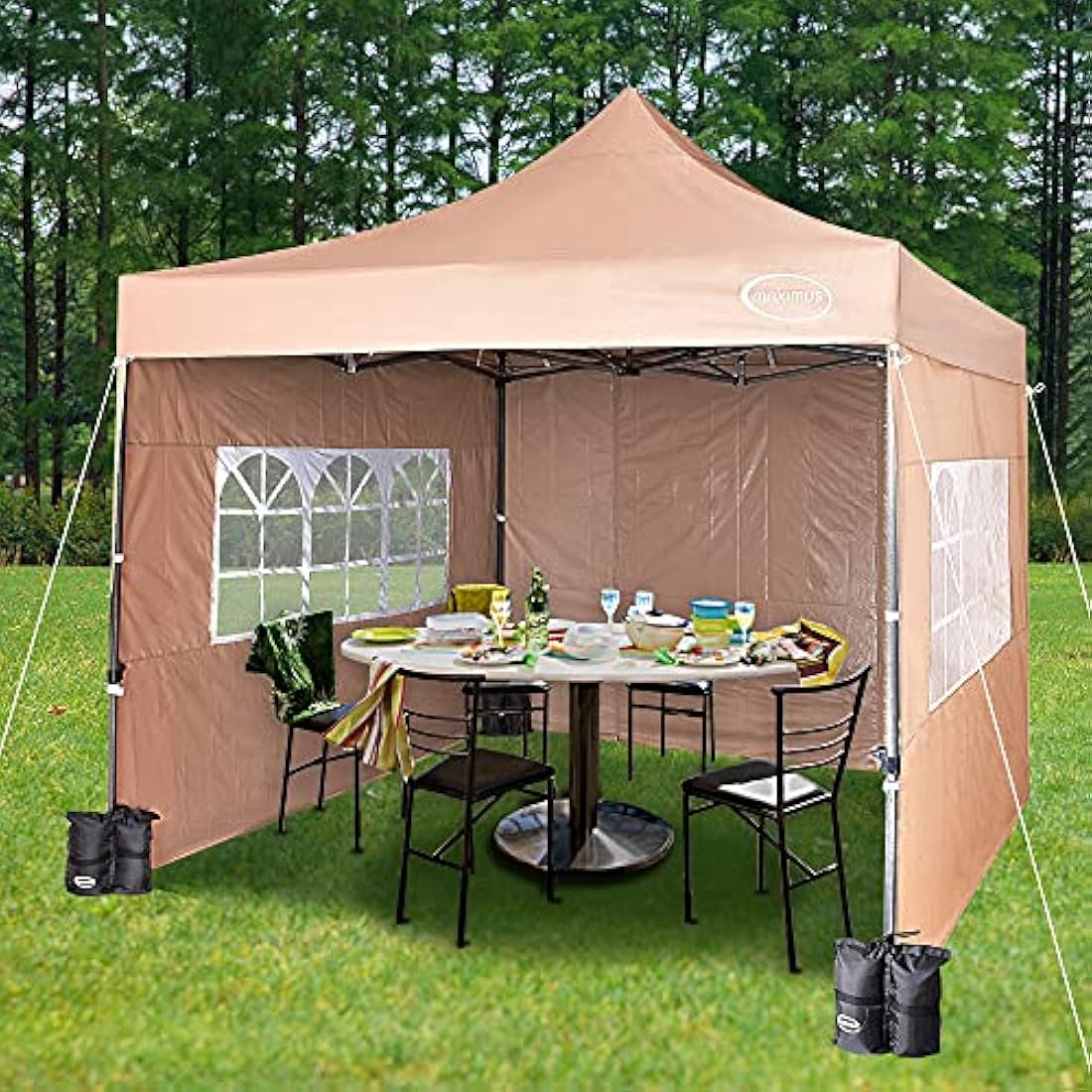 MAXIMUS HEAVY DUTY POP UP GAZEBO 3m x 3m COMMERCIAL MARKET STALL WITH 4 WEIGHT BAGS (4 Walls, Beige)