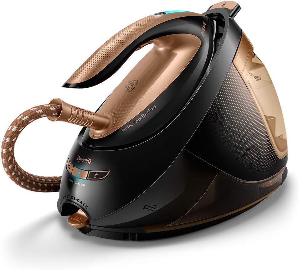 Philips PerfectCare Elite Plus Steam Generator Iron for Large Family Basket Loads, with OptimalTEMP: No Fabric Burns Guaranteed, 8 Bar, 600 g Steam Boost - Black/Gold - (GC9682/86)