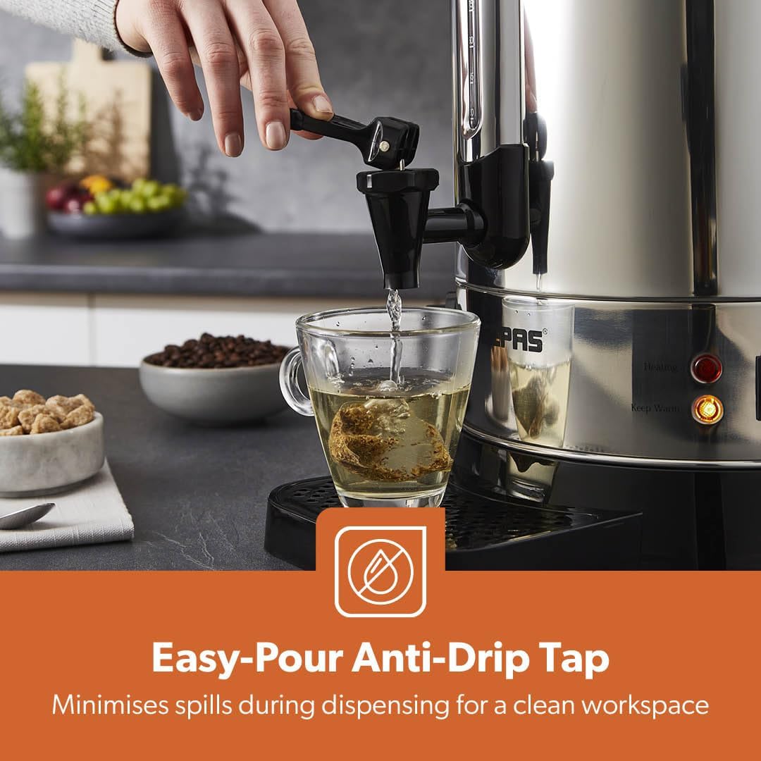Geepas Electric Catering Urn, 1650W Instant Hot Water Boiler Dispenser - Tea Urn Kettle Home Brewing Commercial Office Use with Keep Warm - Easy Pour Tap, 15 Litre, Stainless Steel – 2 Year Warranty
