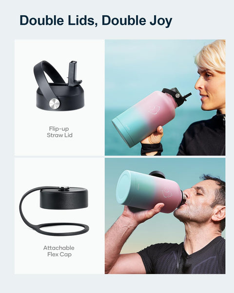 Stainless Steel Water Bottle 2L, BUZIO Vacuum Insulated Water Bottle with Straw Lid and Flex Cap Cold for 48 Hrs, Hot for 24 Hrs Double Wall Wide Mouth BPA Free Leak Proof, Black