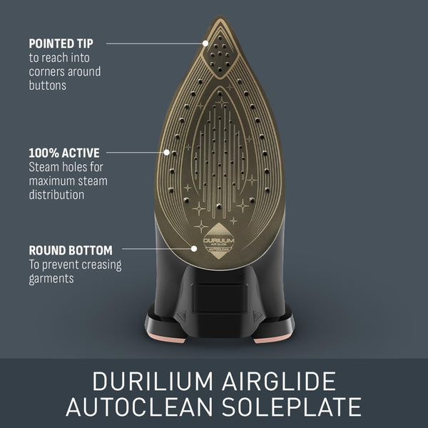 Tefal Ultimate Pure Steam Iron, 3100W, 260g/min Steam Boost, 350ml Water Tank, 3m Cord, Non-Stick Durilium Soleplate, Anti Scale, Anti-drip, Black and Rose Gold FV9845G0