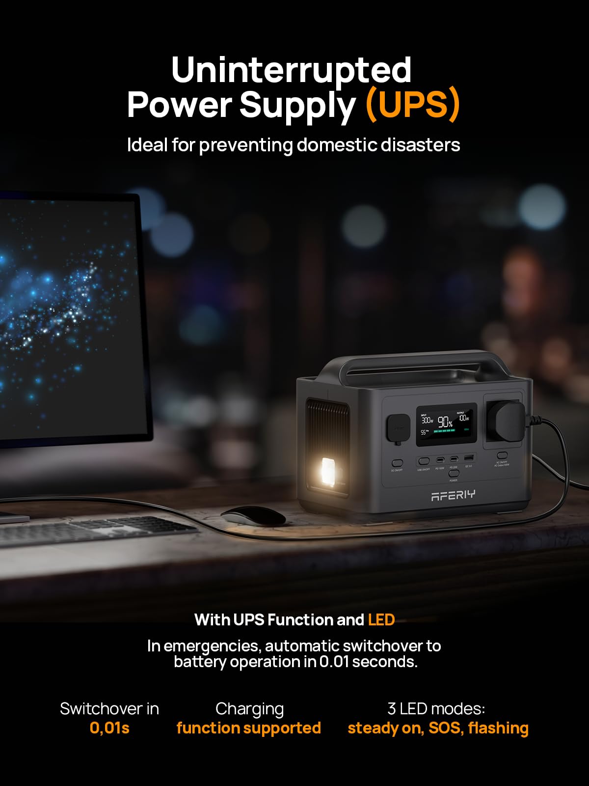 AFERIY 400W Portable Power Station 256Wh LiFePO4 Battery 1.5-hour Fast Charging, 5 Ports, Pure Sine Wave 230V Output, UPS Power Supply for Outdoor Camping and Emergency Backup