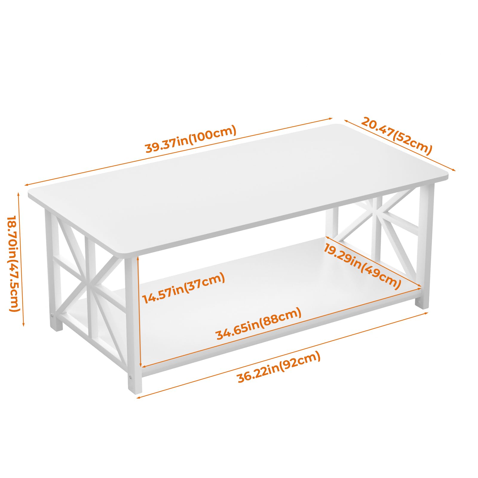 GreenForest Coffee Table with 2-Tier Storage,100 cm Living Room Table with Round Corner, Center Table with X-Frame Design for Home Office,White