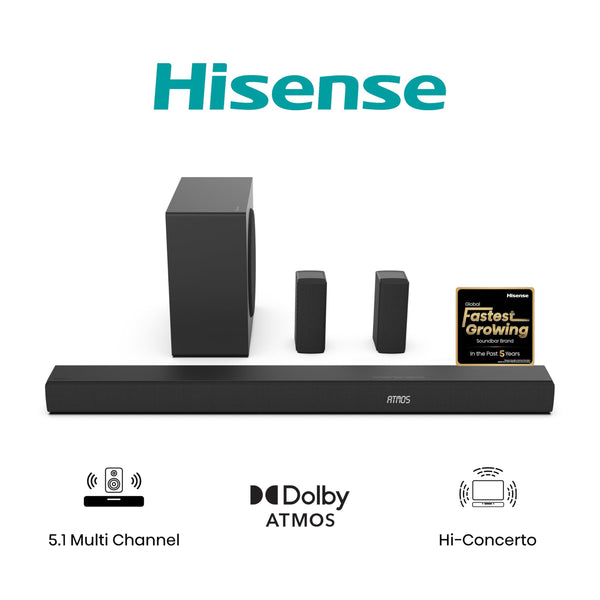 Hisense AX5125H 5.1.2 Channel 500W Dolby Atmos Soundbar with Wireless Subwoofer& Up Firing Speakers& Turly Wireless Rear Speakers