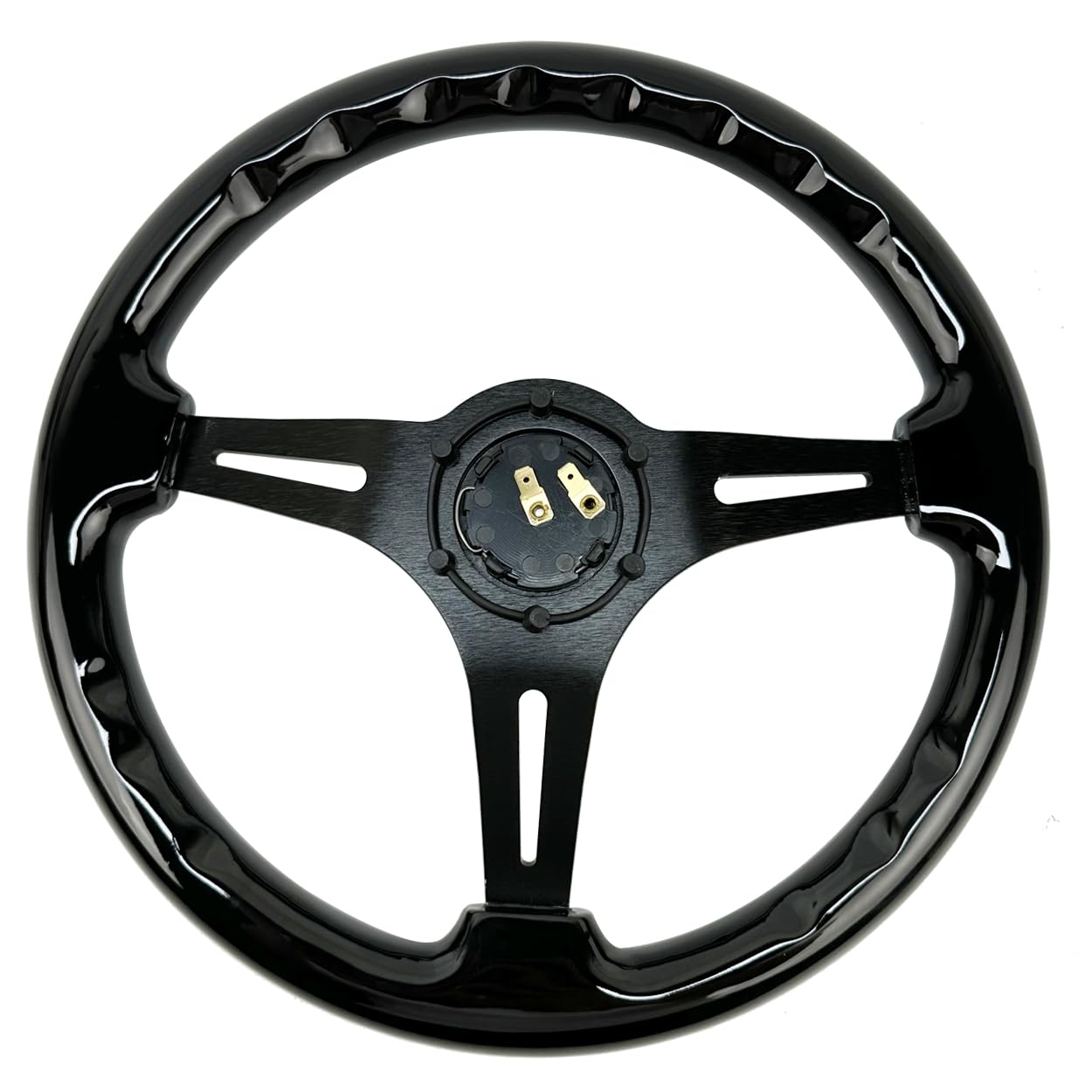 Hiracing 14" Universal Classic Wood Grain Steering Wheel Brushed 3 Spoke 1.5 Depth Steering Wheel with Horn Button 6 bolts (010)