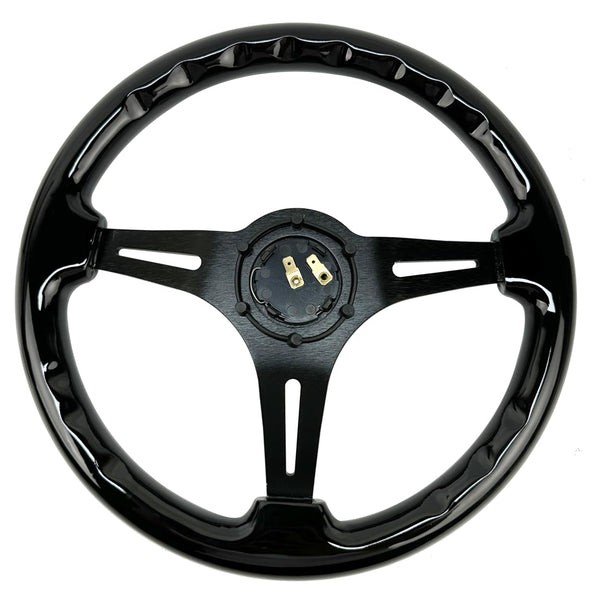 Hiracing 14" Universal Classic Wood Grain Steering Wheel Brushed 3 Spoke 1.5 Depth Steering Wheel with Horn Button 6 bolts (010)