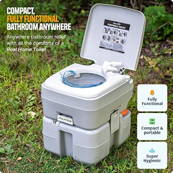 Alpcour Portable Toilet – Compact Indoor & Outdoor Commode w/Travel Bag for Camping, RV, Boat & More – Piston Pump Flush, 5.3 Gallon Waste Tank, Built-In Pour Spout & Washing Sprayer for Easy Cleaning