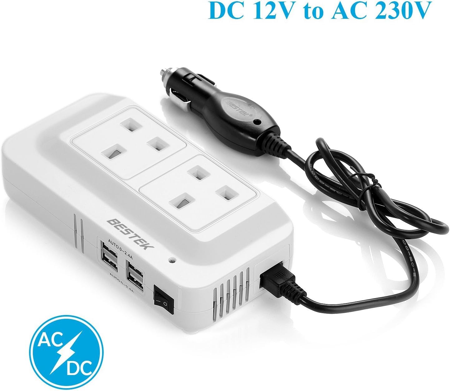 BESTEK 200W Power Inverter DC 12V to AC 230V 240V Dual Socket Car Voltage Converter Transformer with 4 USB Car Charger