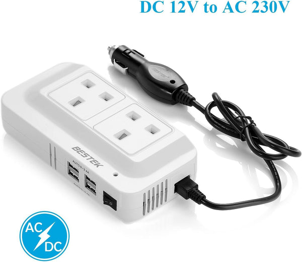 BESTEK 200W Power Inverter DC 12V to AC 230V 240V Dual Socket Car Voltage Converter Transformer with 4 USB Car Charger