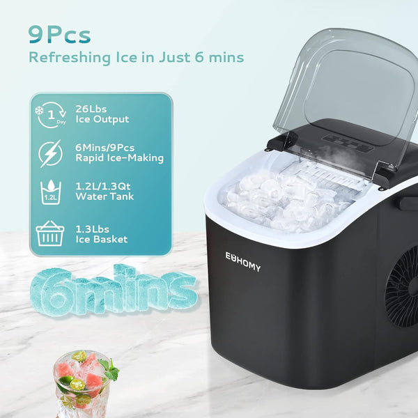 Ice Maker Machine Countertop Ice Cube Maker with Portable Handle, 9 Ice Cubes in 6 Mins, Self-Cleaning Compact Ice Maker 12 kg in 24 Hrs, with Ice Scoop and Basket for Home/Kitchen/Office/Bar