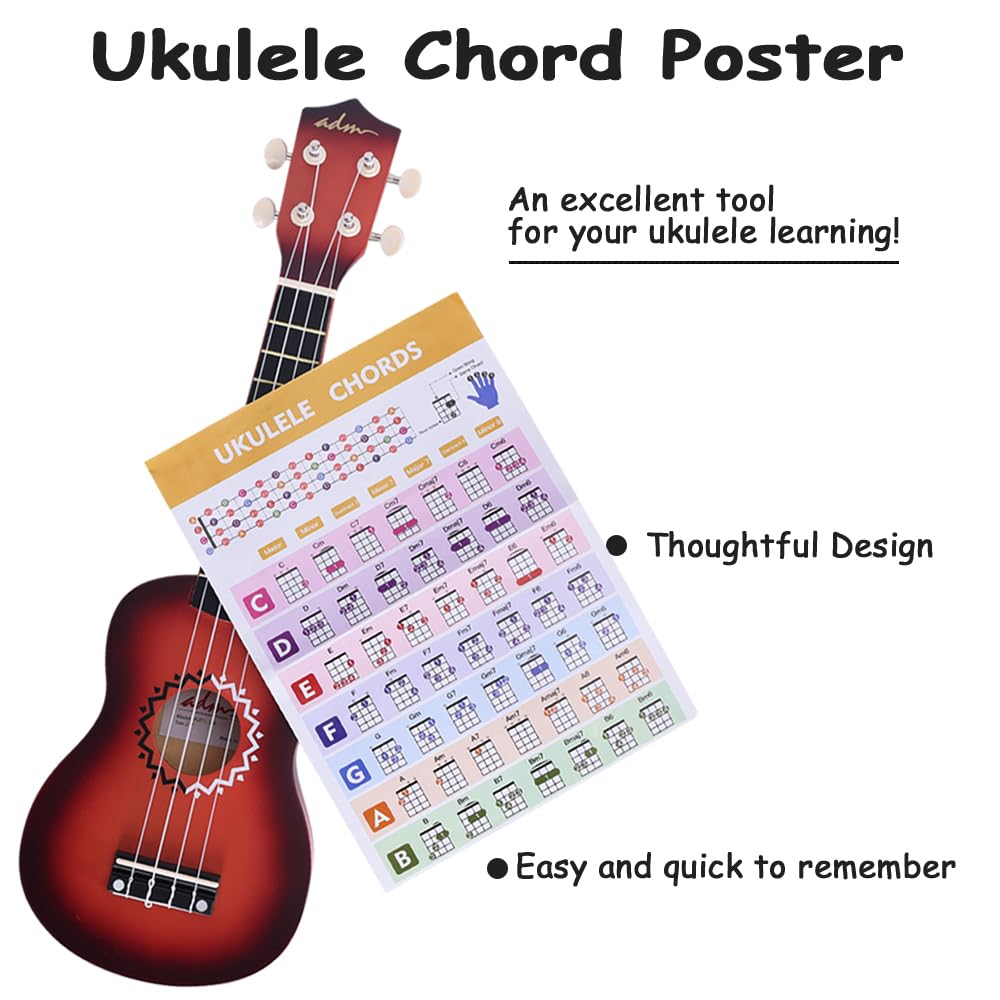 ADM Soprano Ukulele Set for Kids and Beginners, Ukulele Starter Kit with Bag, Clip-On Tuner, Rainbow Strings, Colourful Strap, Plectrum, Fingerboard Sticker, Chord Card (Dark Blue)