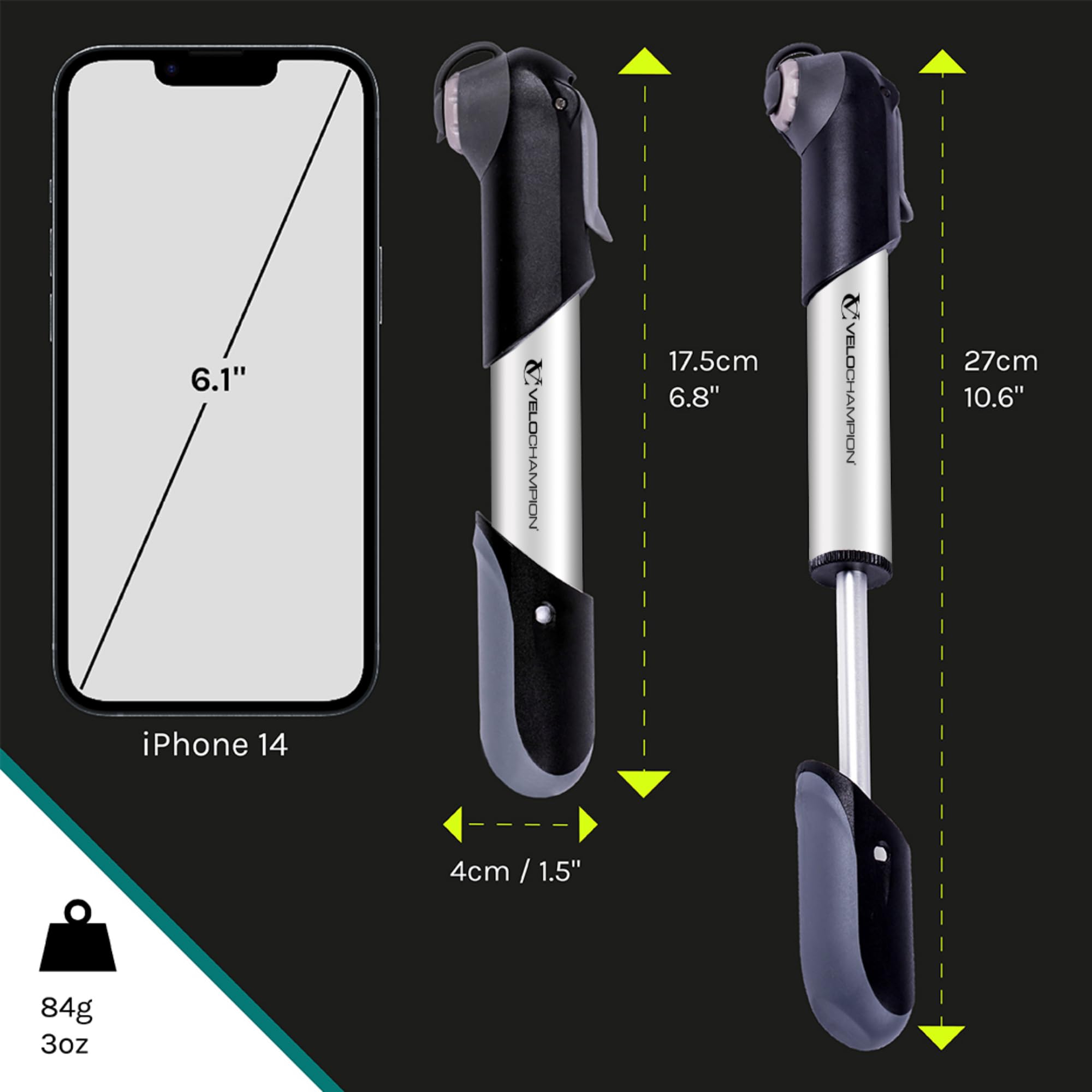 VeloChampion Mini Bicycle Pump with Frame Mount. Portable Alloy Pump For Presta, Schrader and Dunlop Valves. Suitable for All Bikes - Road, Mountain & BMX
