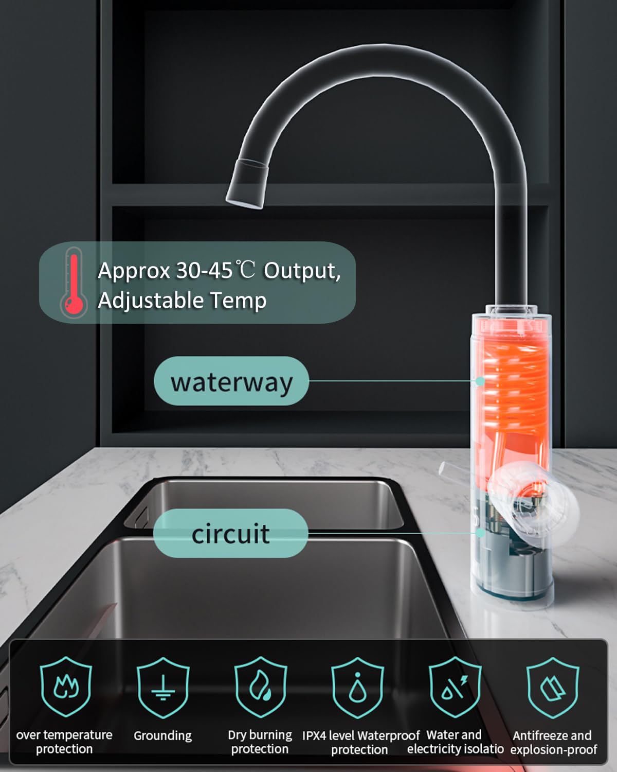 Electric Hot Water Tap for Bathroom, Instant Hot Water Heated Tap for Kitchen, Stainless Steel Water Heater Tap Supply Hot and Cold Water Faucet with Digital Display (Mechanical Spout)