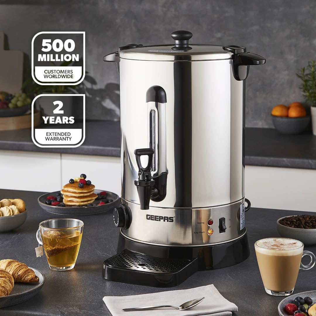 Geepas Electric Catering Urn, 1650W Instant Hot Water Boiler Dispenser - Tea Urn Kettle Home Brewing Commercial Office Use with Keep Warm - Easy Pour Tap, 15 Litre, Stainless Steel – 2 Year Warranty