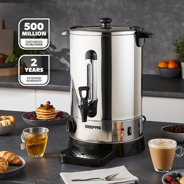 Geepas Electric Catering Urn, 1650W Instant Hot Water Boiler Dispenser - Tea Urn Kettle Home Brewing Commercial Office Use with Keep Warm - Easy Pour Tap, 15 Litre, Stainless Steel – 2 Year Warranty