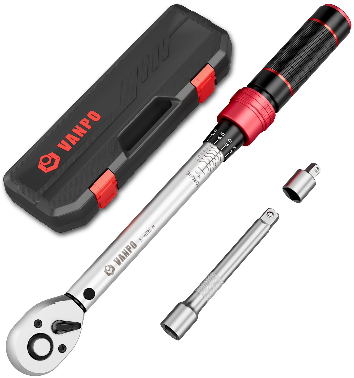 VANPO Torque Wrench 3/8” Drive, 5-60 NM, ±3% Accuracy, 72 Tooth Click Torque Wrench Set with 3/8 to 1/4 Adapter, 125 mm Extension Bar for Bike and Motorcycle, Car Spark