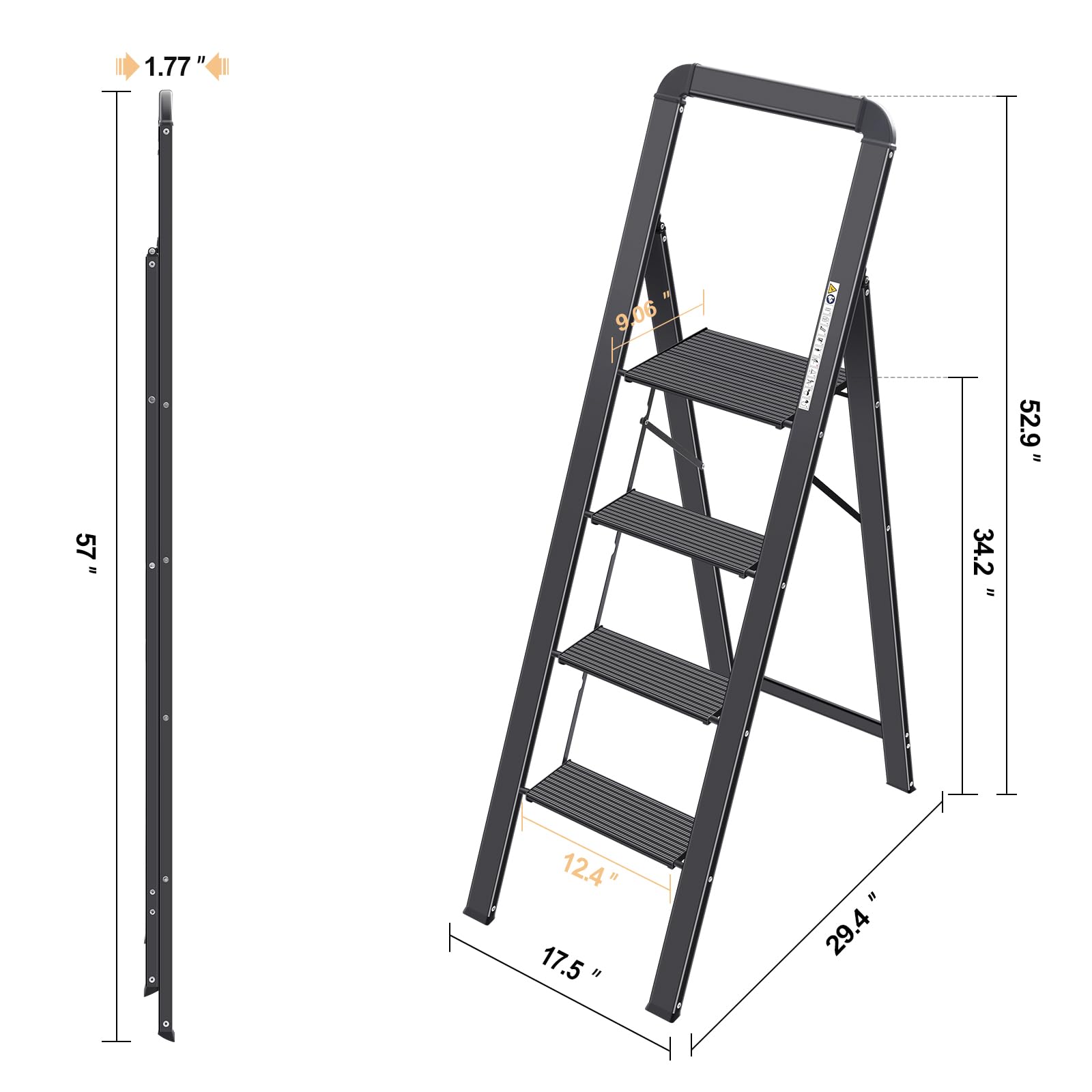 KINGRACK 2 Step Ladder with Handrail, Non-Slip Household Ladder with Folding Safety, Aluminium Folding Step Stool, Maximum Load 150 kg, Black