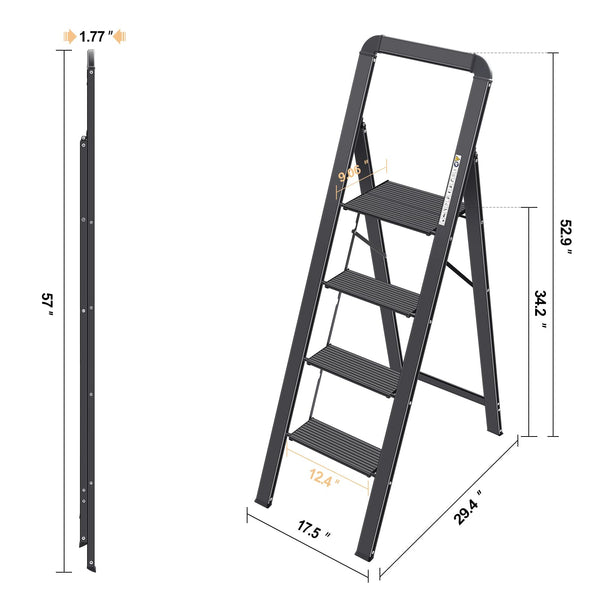 KINGRACK 2 Step Ladder with Handrail, Non-Slip Household Ladder with Folding Safety, Aluminium Folding Step Stool, Maximum Load 150 kg, Black