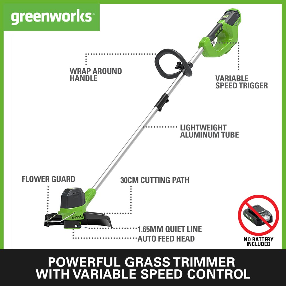 Greenworks 40V Cordless Strimmer for Medium Gardens, Adjustable Height, 30cm Cutting Width, Autofeed 1.65mm Nylon Line, WITHOUT 40V Battery & Charger,