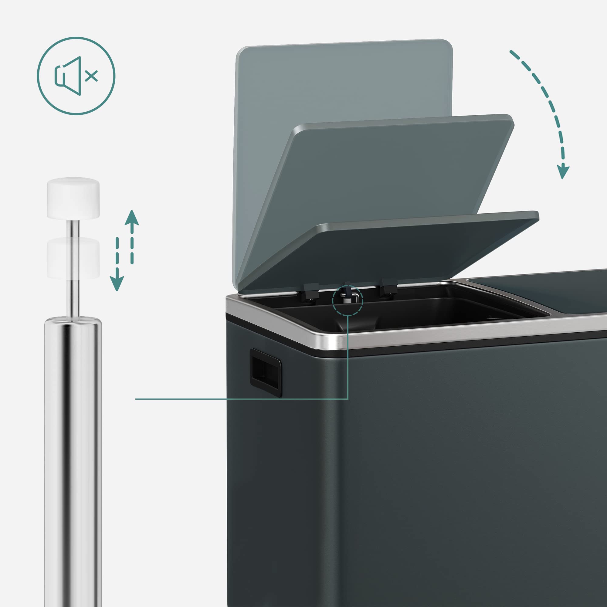 SONGMICS Dual Rubbish Bin, 2 x 30 L Recycling Bin with 15 Rubbish Bags, 2-Compartment Metal Pedal Bin with Lids and Plastic Inner Buckets, Soft Closure, Slate Grey LTB060G01