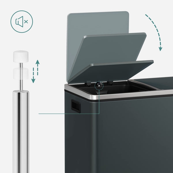 SONGMICS Dual Rubbish Bin, 2 x 30 L Recycling Bin with 15 Rubbish Bags, 2-Compartment Metal Pedal Bin with Lids and Plastic Inner Buckets, Soft Closure, Slate Grey LTB060G01