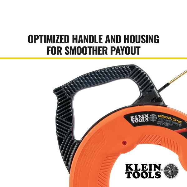 KLEIN TOOLS 56382 Fish Tape, Multi-Groove Fiberglass Wire Puller with Nylon Tip, Optimized Housing and Handle,Orange/Black, 15 m