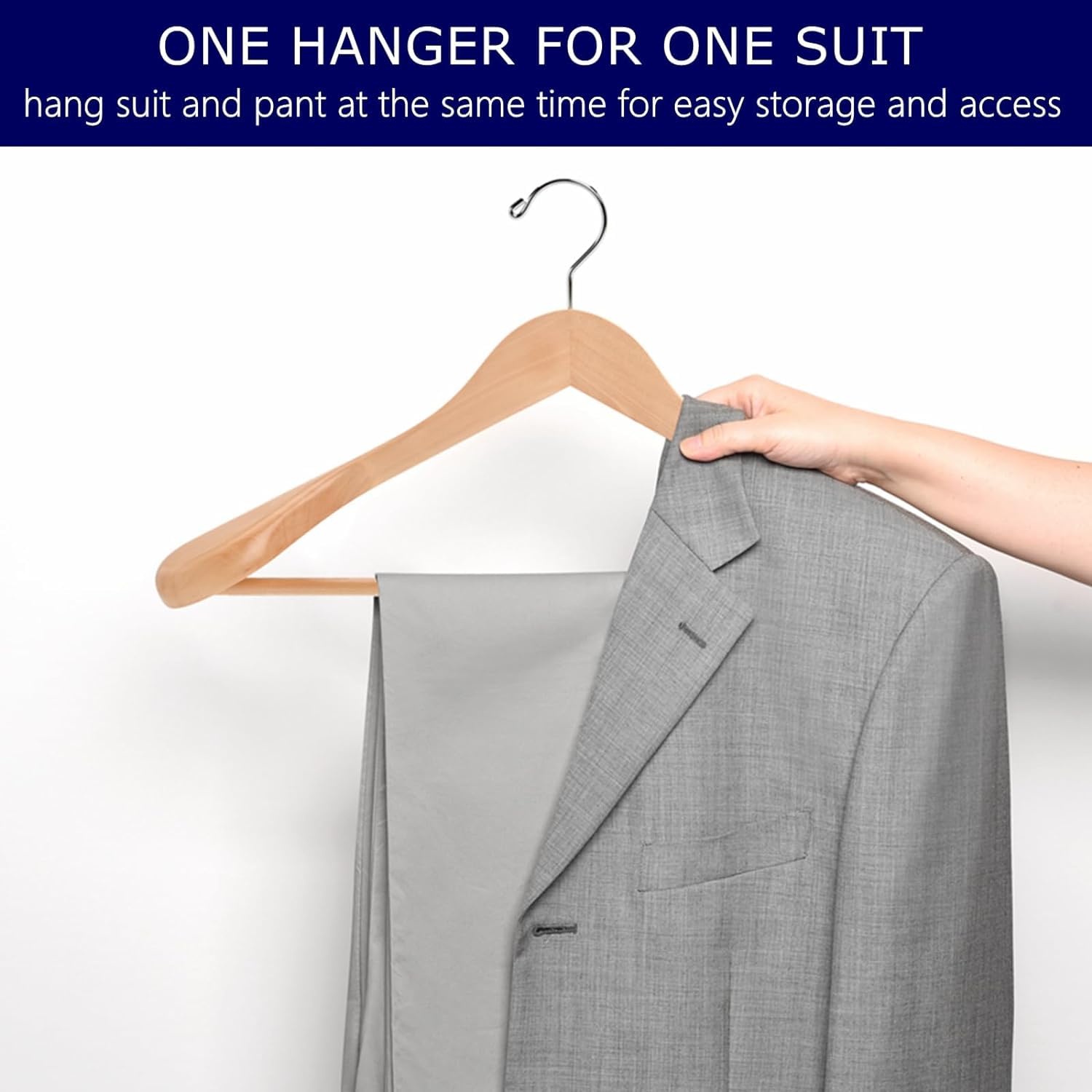 Amber Home 44.5cm Natural Wooden Suit Hangers 10pcs with Wide Shoulder, Heavy Duty Smooth Wood Coat Hanger with Non Slip Pants Bar, Solid Clothes