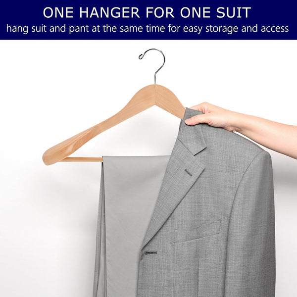 Amber Home 44.5cm Natural Wooden Suit Hangers 10pcs with Wide Shoulder, Heavy Duty Smooth Wood Coat Hanger with Non Slip Pants Bar, Solid Clothes
