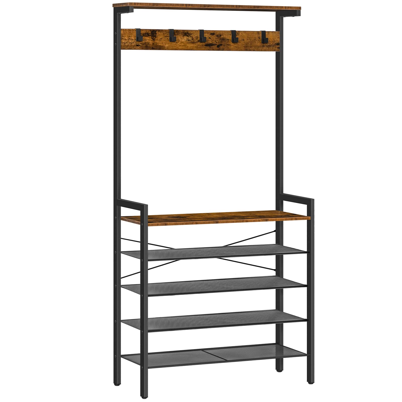 HOOBRO Coat Stand, Coat Rack with Shoe Storage, Industrial Hall Tree, Large Hall Stand, 5 Removable Hooks, Wood Accent Top Shelf, Entryway Storage