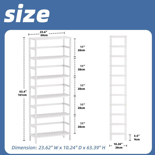 HITNET White Bookshelf, 6-Tier Adjustable Tall Bookcase, Bamboo Book Shelf Organizer, Free Standing Storage Shelving Unit, Display Flower Plant Stand
