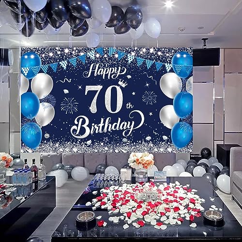 Happy 70th Birthday Banner, 1.1 x 1.8m Blue Silver 70th Birthday Decorations for Women, Men, Anniversary Party Supplies